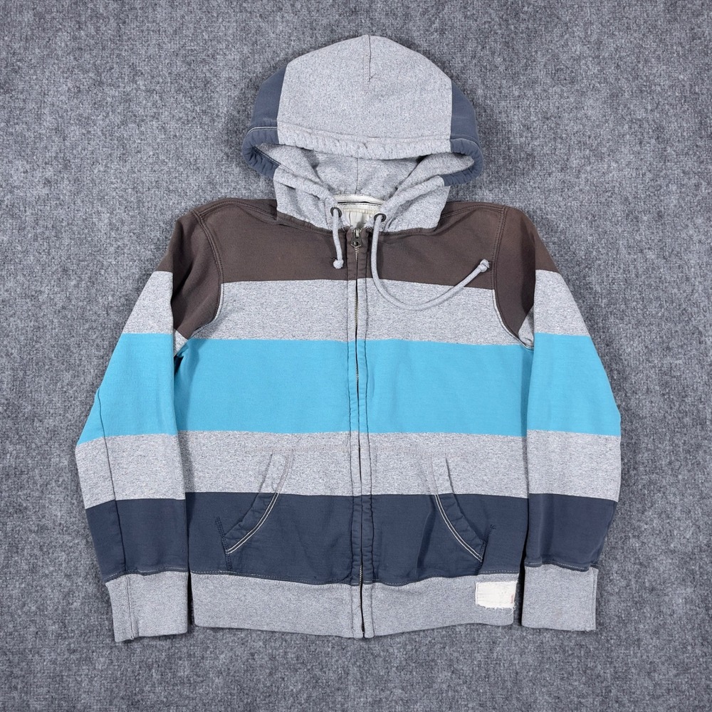 Y2K American Eagle Full Zip Hoodie Mens XS Grey Brown Blue Striped